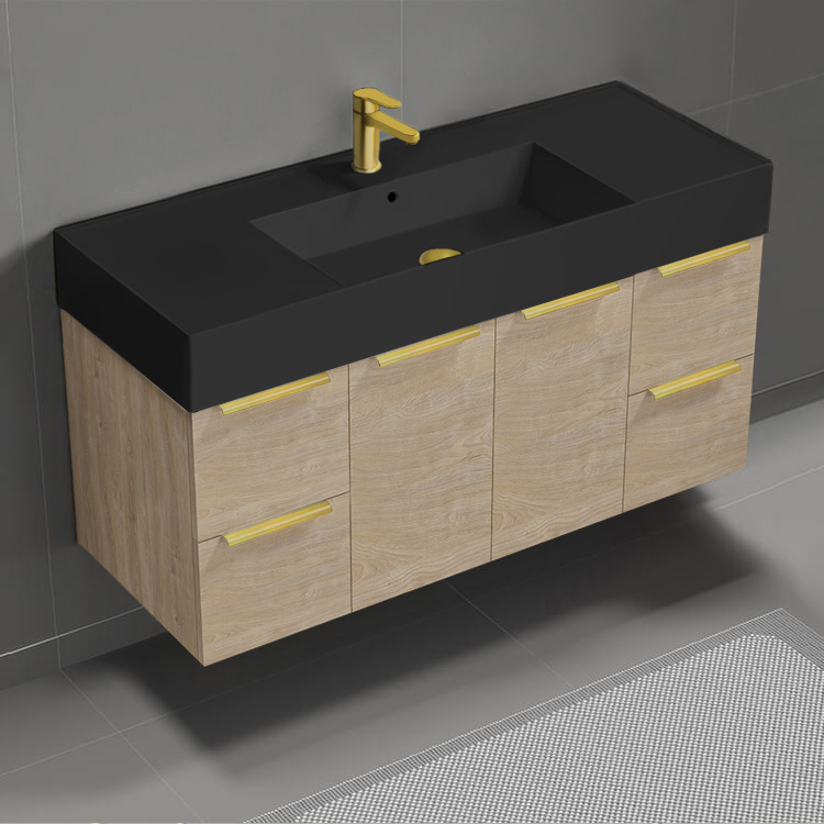 Nameeks DERIN1017 48 Inch Bathroom Vanity With Black Sink, Floating, Brown Oak